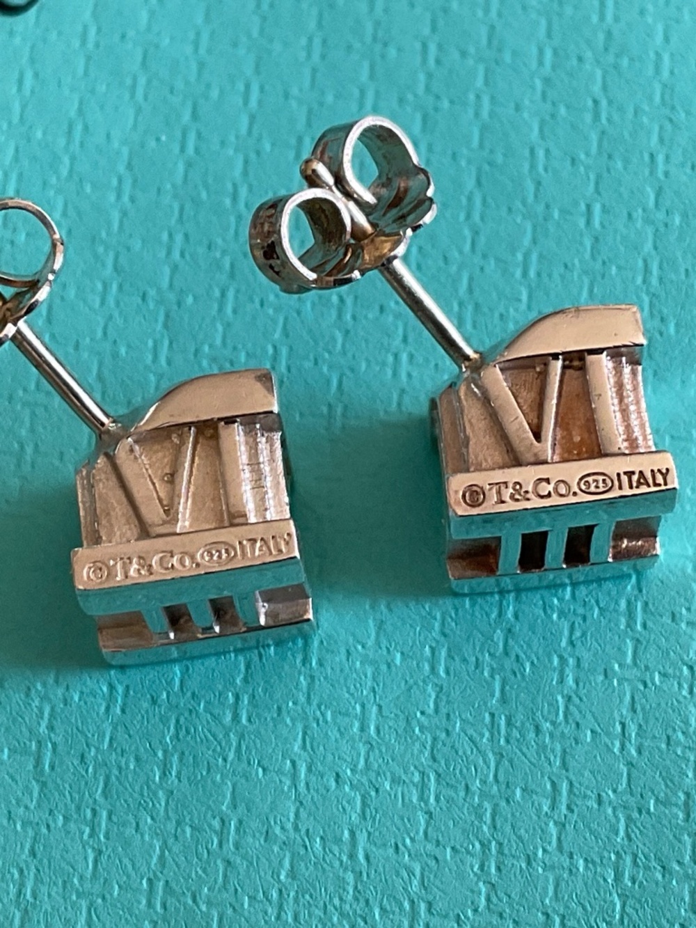 Tiffany & Co. Sterling Silver Roman Numeral IX Stud Earrings on Tiffany Blue - Picture 8 of 8